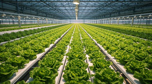Rows of fresh green lettuce in modern hydroponic greenhouse with artificial lighting agriculture concept