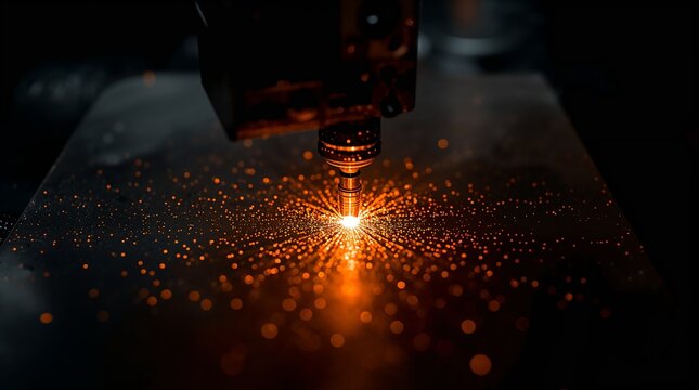 Laser sintering process with glowing sparks in metal 3D printing manufacturing concept