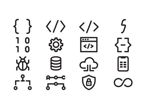 Collection of various programming and coding related icons and symbols used for software development and web design  technology and programming concepts