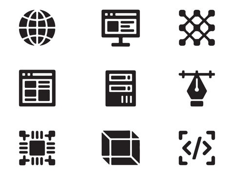 Collection of various web and technology related icons including globe computer screen network chip coding symbols and more  isolated on white background