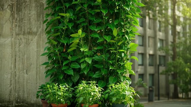 Lush Vertical Garden Growing on Concrete Wall Urban Greenery Nature Climbing Plants Architecture Detail