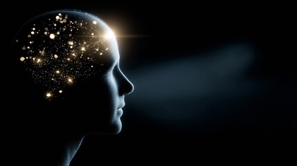 Obraz premium Human head with glowing brain explores connection between neurology, neuroscience, and artificial intelligence advancements