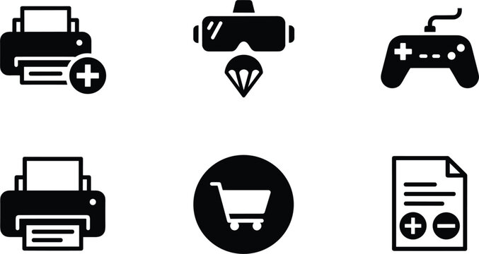 Modern electronics and e-commerce glyph icon set for office printing gaming entertainment virtual reality shopping and document analysis
