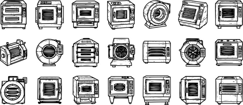 Industrial Ovens and Fans Line Art Collection - Hand-drawn Black and White Doodle Set for Food Industry and Commercial Baking Equipment