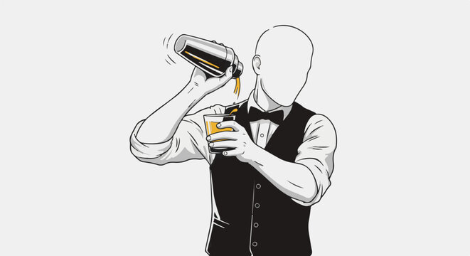 Faceless bartender pouring amber liquid from shaker into glass