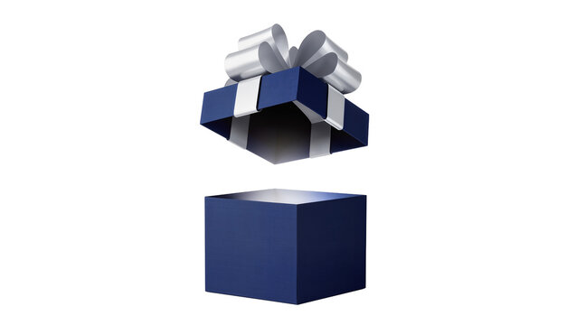 Open blue gift box with silver ribbon