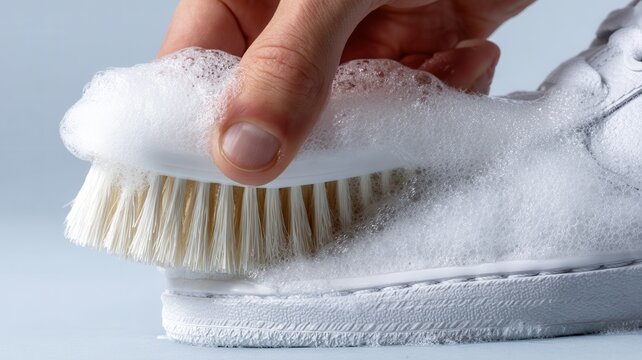 Hand using a brush cleaning a white sneaker, demonstrating shoe care, and hygiene tidiness personal