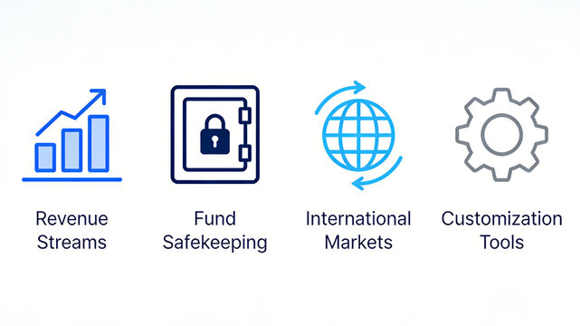 Revenue pillars, safes, global arrows and gears represent the global customization of multi-source revenue fund custody, suitable for corporate finance and cross-border investment platforms.
