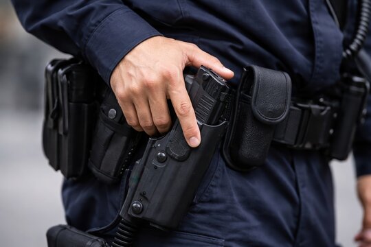 Police officer hand holding handgun on duty belt