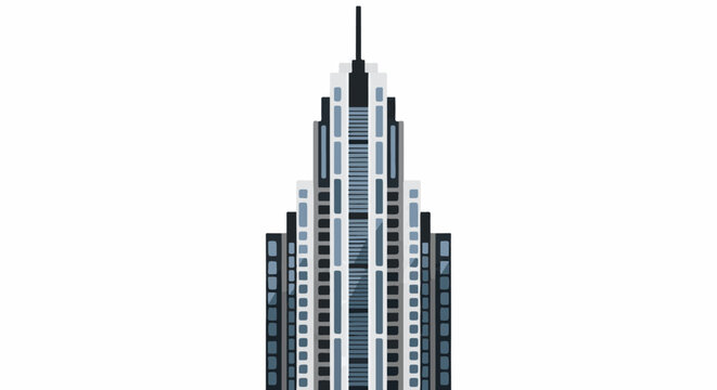 Geometric skyscraper with setbacks and a sharp spire, against white