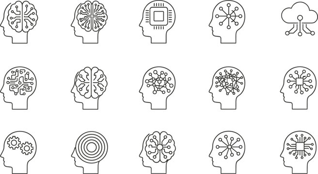 Artificial intelligence AI machine learning neural network brain technology icon set line art vector design human profile mind