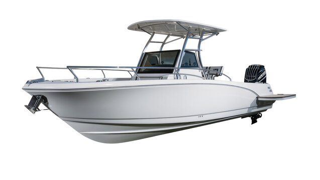 White motorboat with T-top and outboard engine