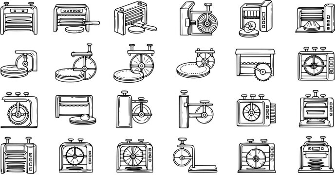 Kitchen and Baking Appliances Line Art Icons Set. Outline Vector Symbols for Food Preparation, Ovens, Mixers, Scales, and Timers.