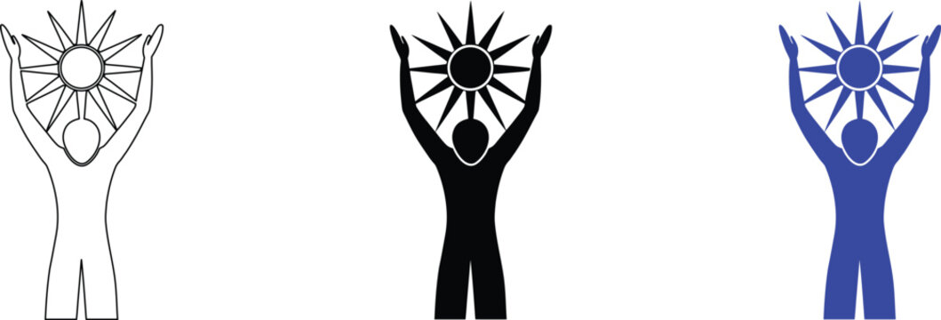 Person holding up sun vector outline icon, solid glyph, and color version illustration.