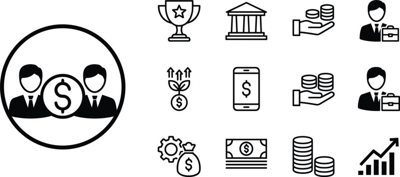 Business finance line icons set with businessman money dollar coin bank profit growth success investment abstract vector elements