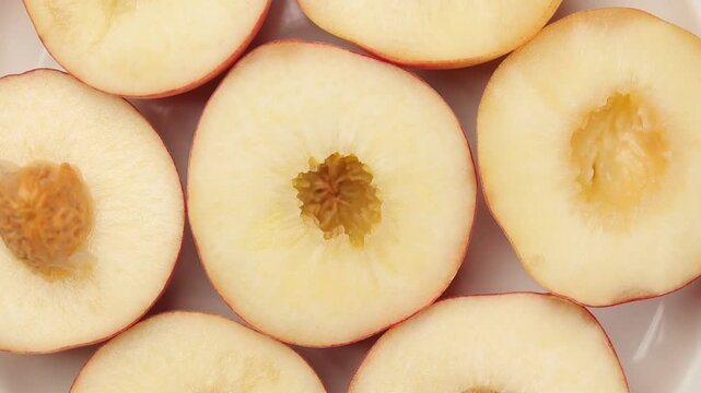 Top view of Chinese peach halves arranged together, slowly rotating on a white plate background, showcasing the fresh fruit flesh.