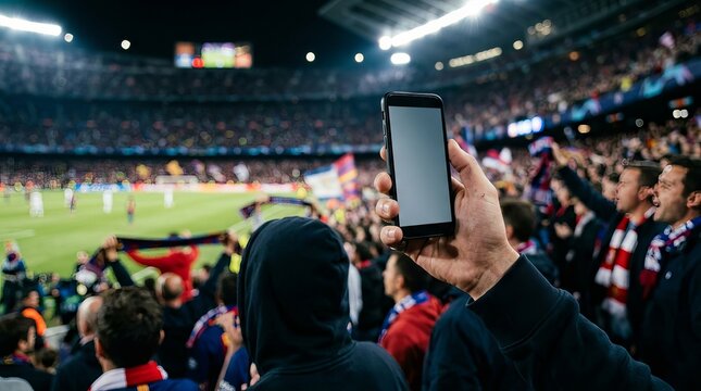 Fan holding smartphone recording soccer match in crowded stadium at night