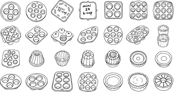 Black and White Line Art Vector Set of Baking Pans, Muffin Tins, Bundt Molds, and Cake Forms for Kitchen and Food Industry Illustrations