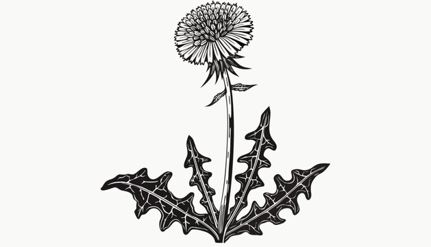 Very beautiful black-and-white engraved vector illustration of a dandelion flower, featuring detailed leaves, medicinal herb characteristics, wild meadow plants, and elegant botanical engraving, isola