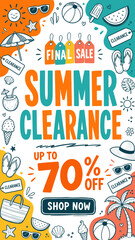 Fototapeta premium Summer Clearance Sale Up To 70% Off With Fun Beach Icons