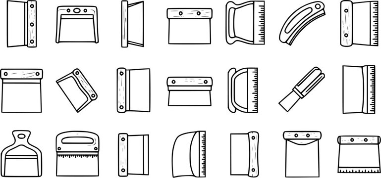 Black and White Line Art Icons of Various Putty Knives and Scrapers for Construction
