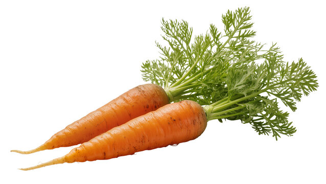Two fresh orange carrots with green leafy tops