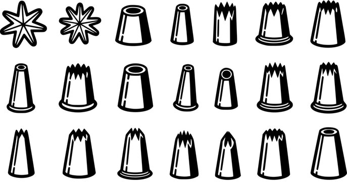 Food Baking  Confectionery Icing Piping Nozzles  Star Tips Vector Glyphs Set. Black and White Line Art Icons for Cake Decorating Tools.