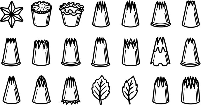 Black and White Line Art Illustration of Assorted Cake Decorating Piping Tips and Pastry Nozzles