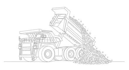 Heavy-duty mining dump truck unloading ore and precious stones, outline illustration © Lailai