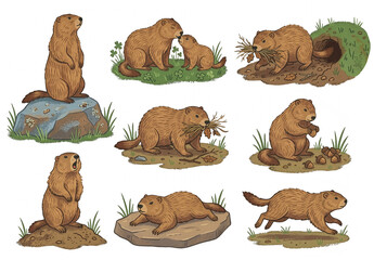 Fototapeta premium Groundhog - digital drawing collection illustrations of Groundhog in nature life