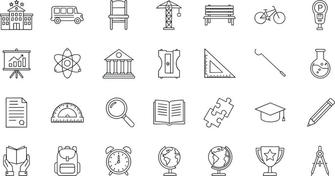 Education and school infrastructure line icon set for academic learning university study science tools mathematics and classroom equipment