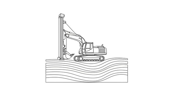 Excavator Machine Drilling Pile Foundation in Layered Ground - Line Art Illustration
