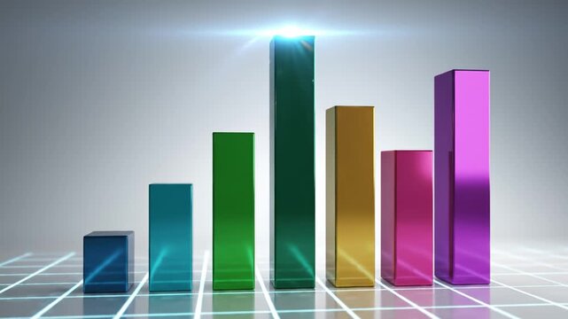 Colorful 3D bar chart graph with reflective on grid background showcasing data visualization business analytics growth success statistics and modern digital technology progress increase