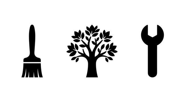 A trio of simplified icons representing a paintbrush, a tree, and a wrench, presented on a plain white background, suitable for diverse design applications