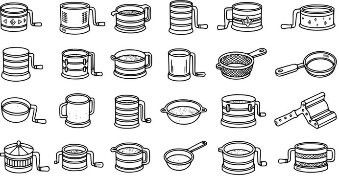 Set of Black and White Line Art Icons: Kitchen Flour Sifters, Food Mills, and Strainers for Baking and Cooking
