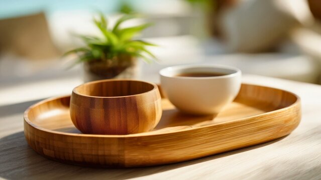 Wooden tray with a ceramic cup and bowl on a table homeware minimalist