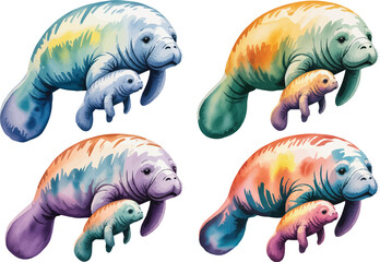 set of Mother and Baby Manatee Watercolor Vector Illustration, Sea Cow Family Animal Clipart Isolated on White © creative