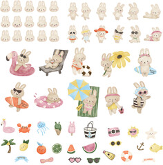 Fototapeta premium Sassy summer bunny rabbit ultimate bundle with multiple cartoon swimsuit poses cute expressions and holiday beach accessories