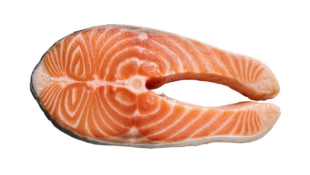 Fresh salmon steak with visible orange flesh and white fat lines