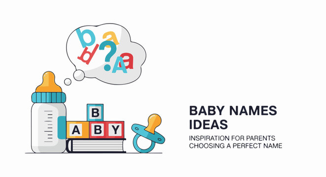 Baby names inspiration bottle, blocks, pacifier, and thought bubble