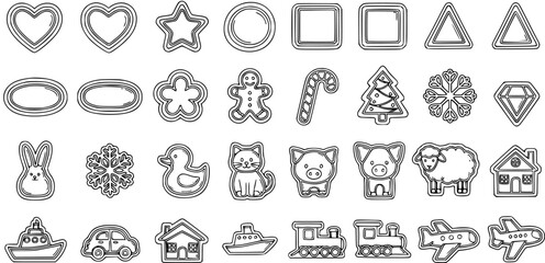 Obraz premium Black and White Line Art Icons: Cookie Cutters and Shapes for Baking and Crafts