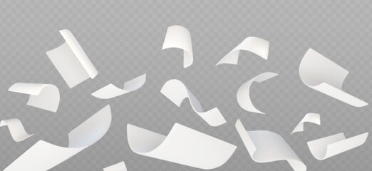 Obraz na płótnie Canvas Flying paper sheets isolated on transparent background. Vector realistic illustration of white document or notebook papers swirl in air, letters fall and curl in wind, office work flow, paperwork mess