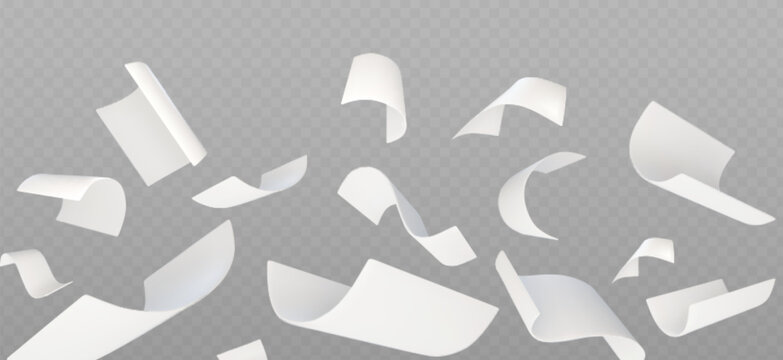 Flying paper sheets isolated on transparent background. Vector realistic illustration of white document or notebook papers swirl in air, letters fall and curl in wind, office work flow, paperwork mess