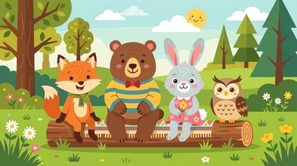 Naklejka premium Cute Animal Family Sitting on a Log in a Forest Scene.
