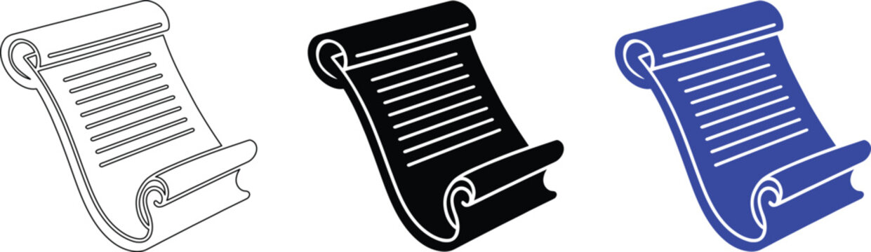 Scroll paper silhouette with ancient parchment and old manuscript document icon set.