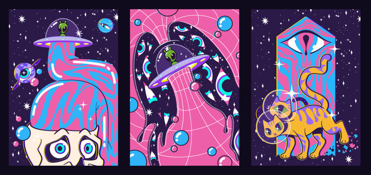 Groovy poster set with psychedelic retro design. Vector illustration of vintage banners with cat in space helmet, alien ufo, eyes, crazy skull on space background, creative y2k pattern with starry sky
