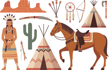 Indigenous native american culture symbols with teepee horse and person. © Mst Insanara Begum