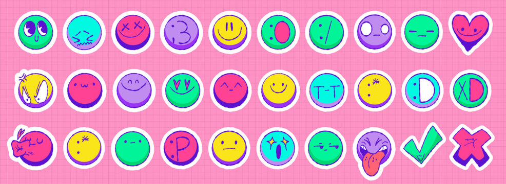 Groovy Y2K sticker emotion icons pack, vector set of illustrations. Funny smiling or sad face, retro heart, trendy cartoon characters, happy or angry pop art style emoticons for creative designs
