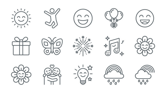 Set of line art icons representing joy and positive emotions
