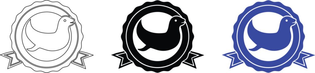 Seal animal badge logo design, marine mammal icon with ribbon, aquatic wildlife emblem. © nidrarani